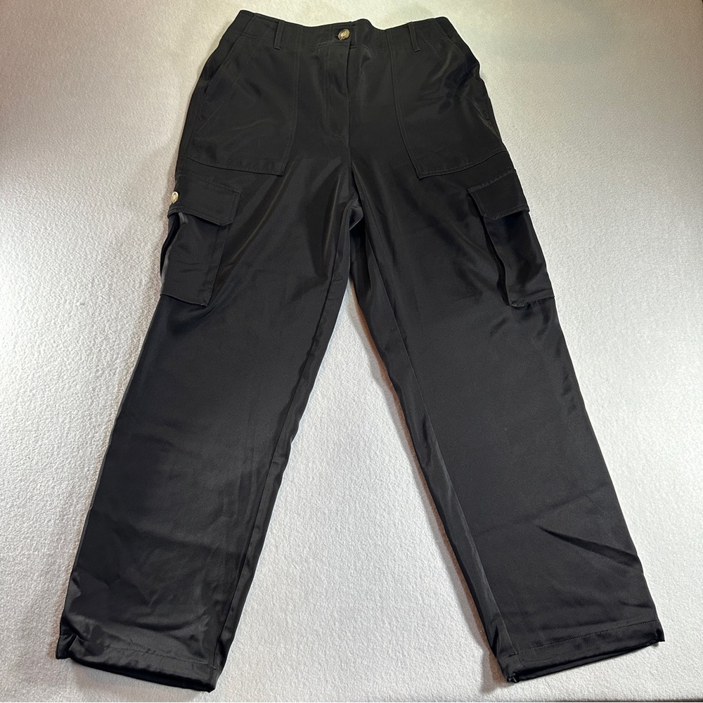 Joie Women’s 8 Black Wide Leg Satin Cargo Pants Luxe Dressy Utility Style